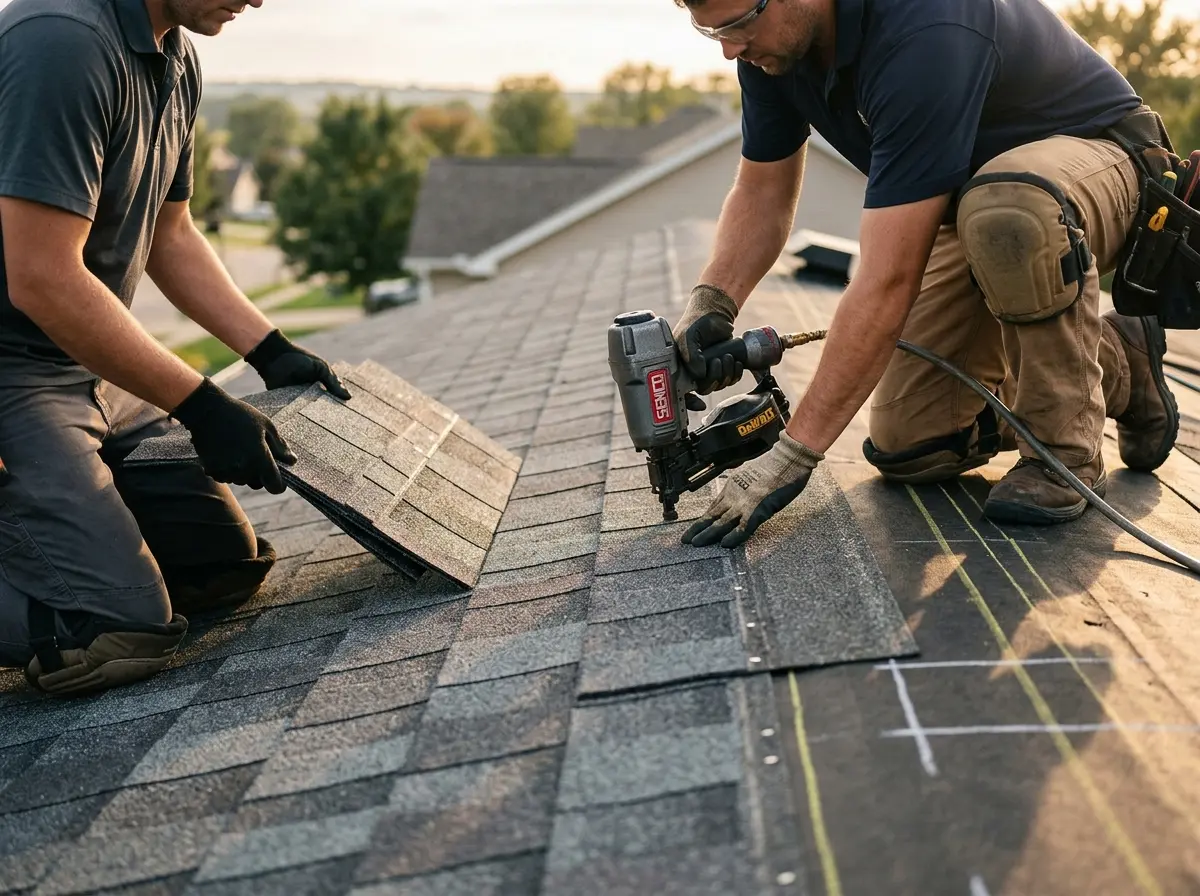 Professional roofer working on a residential roof in McLean